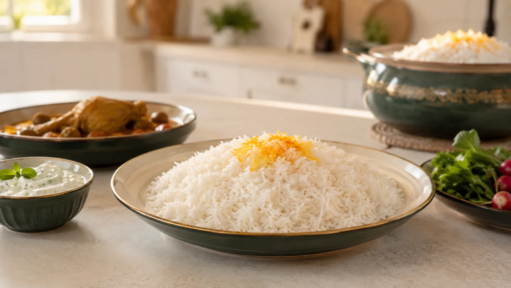 بشقاب برنج ایرانی برای مصرف روزانه در کنار مرغ و سبزی تازه